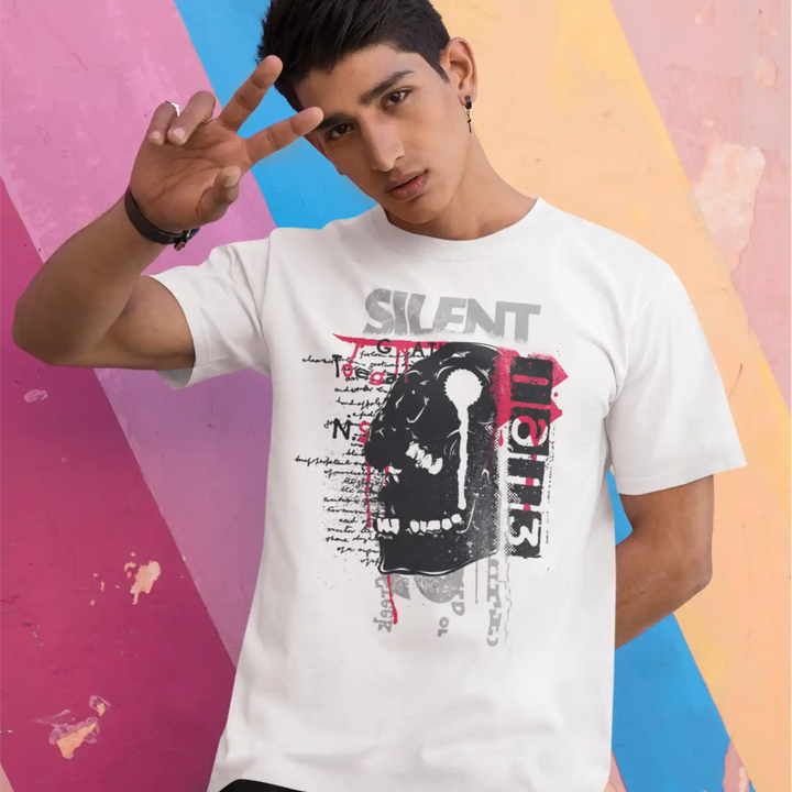 a male model wearing the white sapienwear men's tshirt with the "screaming skull" graphic on the front