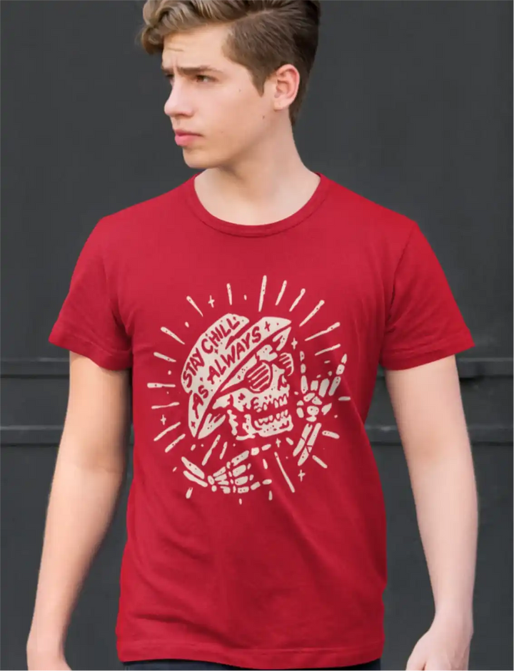 a male model wearing a red sapienwear men's tshirt with the "stay chill always" graphic on the front side