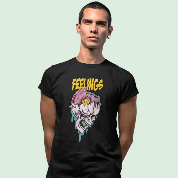 A male model wearing a black Sapienwear men's t-shirt with the "feelings" graphic on the front side
