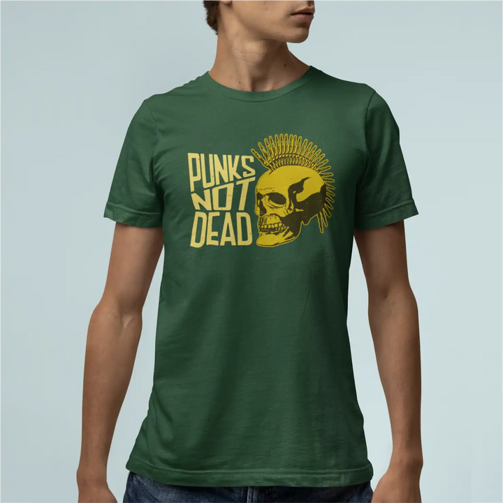 a male model wearing an olive green Sapienwear men's tshirt with the "punks not dead" graphic on the front side