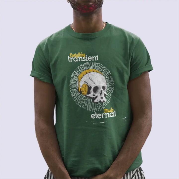 A male model wearing a olive green Sapienwear men's t-shirt with the "music eternal" graphic on the front side
