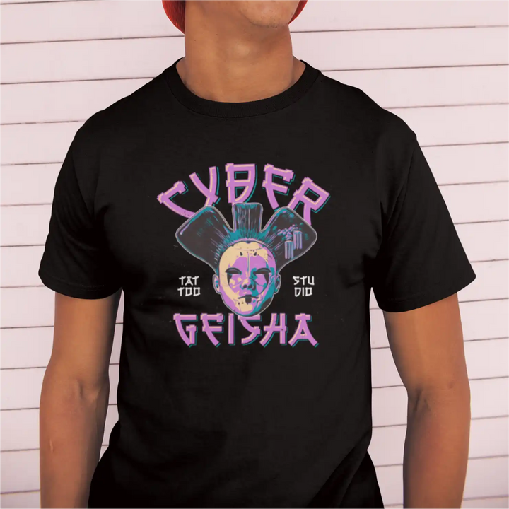 a male model wearing a black sapienwear men's t-shirt with the "cyber geisha" graphic on the front side