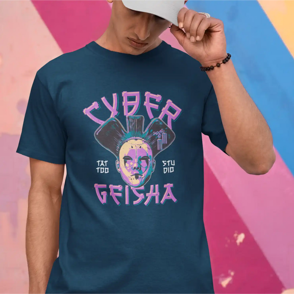 a male model wearing a navy blue sapienwear men's t-shirt with the "cyber geisha" graphic on the front side