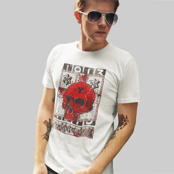 a male model wearing a white Sapienwear men's t-shirt with the "angry skull" design on the front side