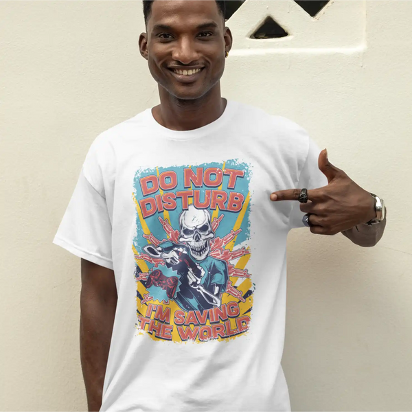 a male model wearing a white Sapienwear men't t-shirt with the "dnd" graphic on the front