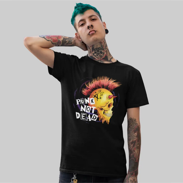 a male model wearing black Sapienwear men's tshirt with the "punk not dead" graphic in the front