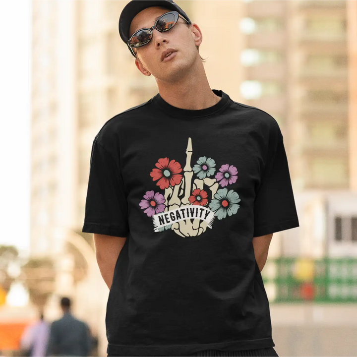 a model wearing a Sapienwear black men's oversize t-shirt with the graphic on the front side.