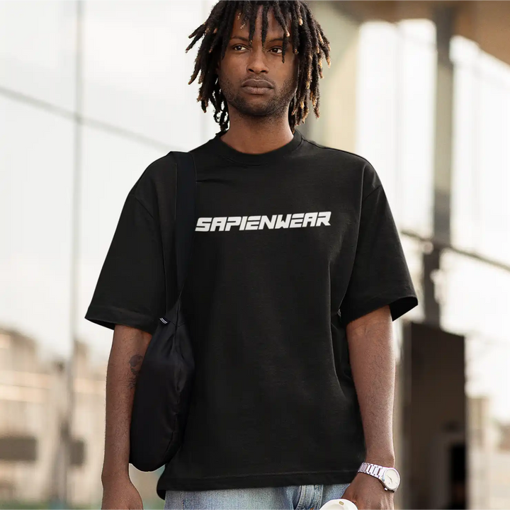 a model wearing Sapienwear's black men's oversized t-shirt front side.