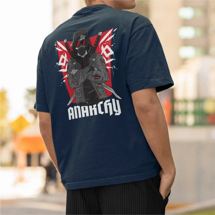 a model wearing Sapienwear's navy blue men's oversized t-shirt with the anarchy graphic on the back side.