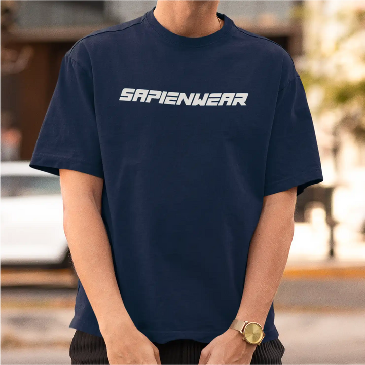 a model wearing Sapienwear's navy blue men's oversized t-shirt front side.