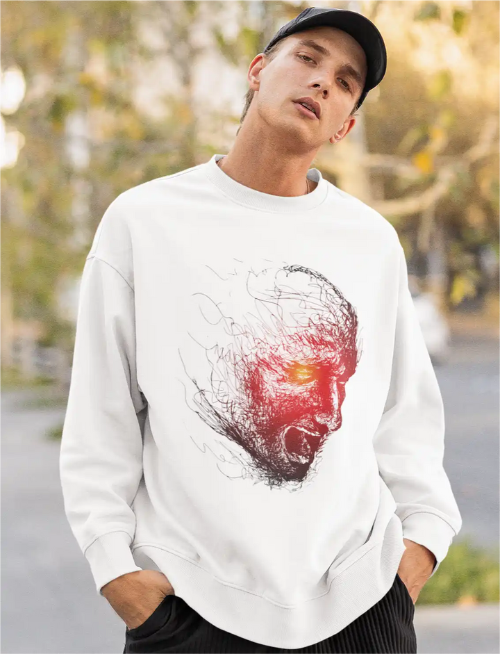 a model wearing a white sapienwear sweatshirt with the scream design on the front side.