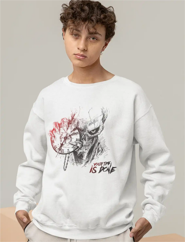 a model wearing a white sapienwear sweatshirt with the skeleton punk design on the front side.