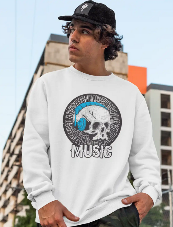  a model wearing a white sapienwear sweatshirt with the block out the world graphic on the front side.