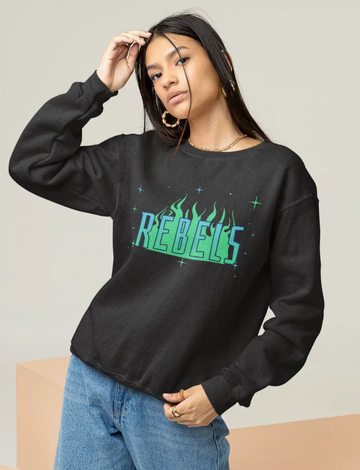 a model wearing a black Sapienwear sweatshirt with the rebels design on the front side.