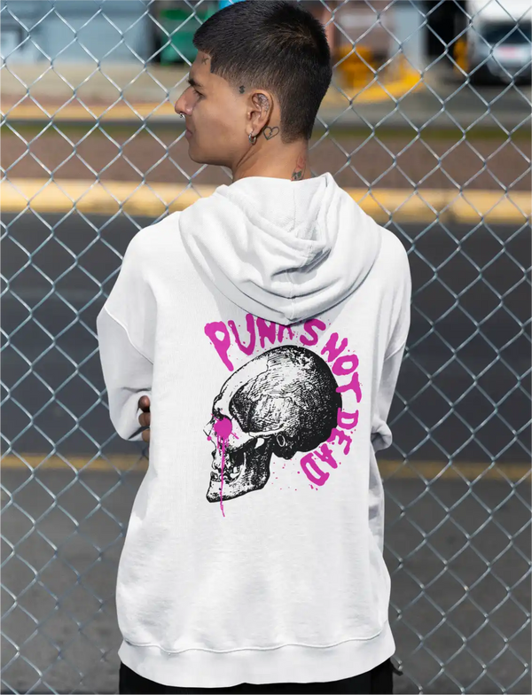 a model wearing a white sapienwear men's hoodies with the punks not dead graphic on the back side
