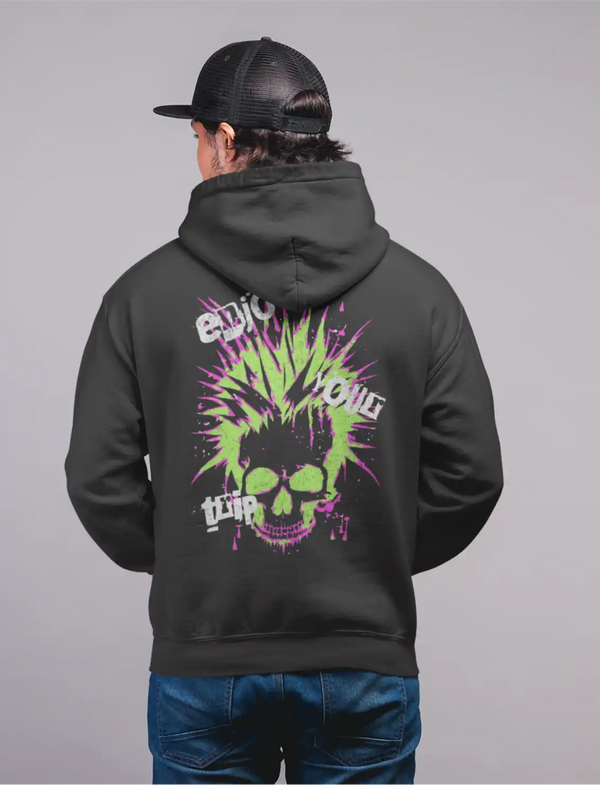 a male model wearing a black sapienwear men's hoodie with the "enjoy your trip" design on the back side