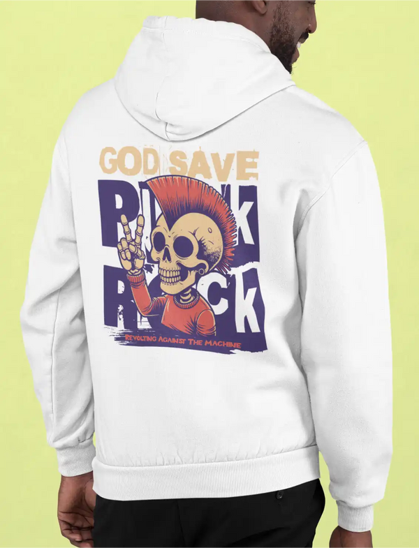 a male model wearing a white sapienwear men's hoodies with "god save punk rock" design on the back side