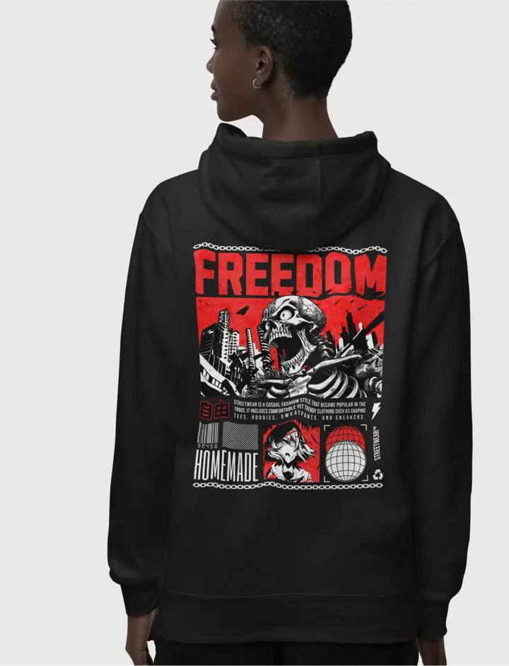 a female model with the black Sapienwear women's hoodie with the "Freedom" graphic on the back side.