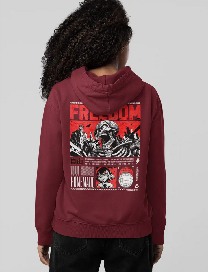 a female model with the maroon Sapienwear women's hoodie with the "Freedom" graphic on the back side.