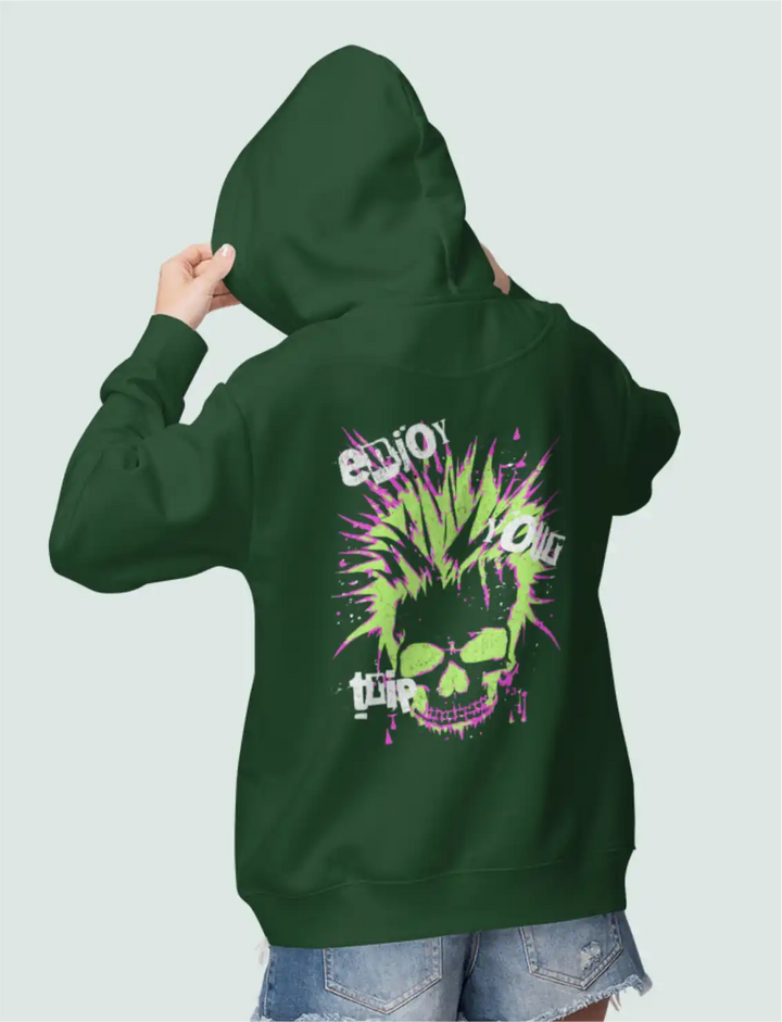 a female model wearing a olive green sapienwear women's sweatshirt with the "enjoy your trip" graphic on the back side