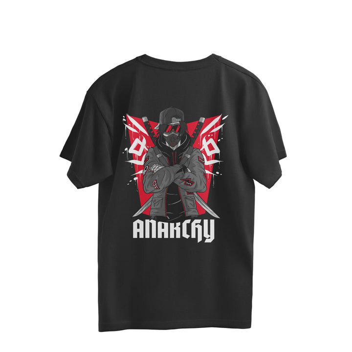 A Sapienwear's black men's oversized t-shirt with the anarchy graphic on the back side.