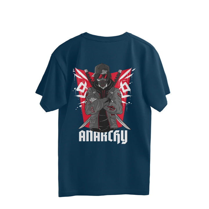 A Sapienwear's navy blue men's oversized t-shirt with the anarchy graphic on the back side.