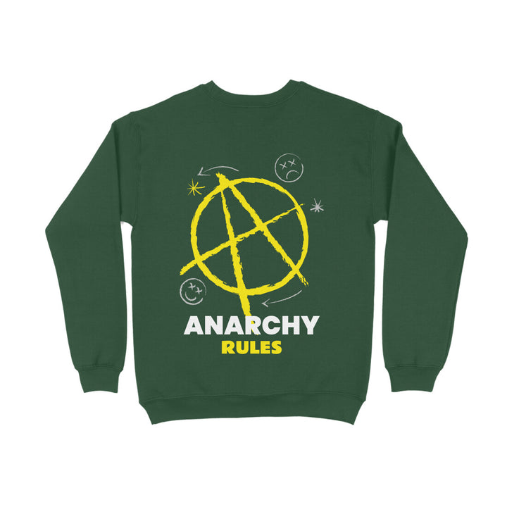 A olive green sapienwear sweatshirt with the anarchy rules design on the back side.