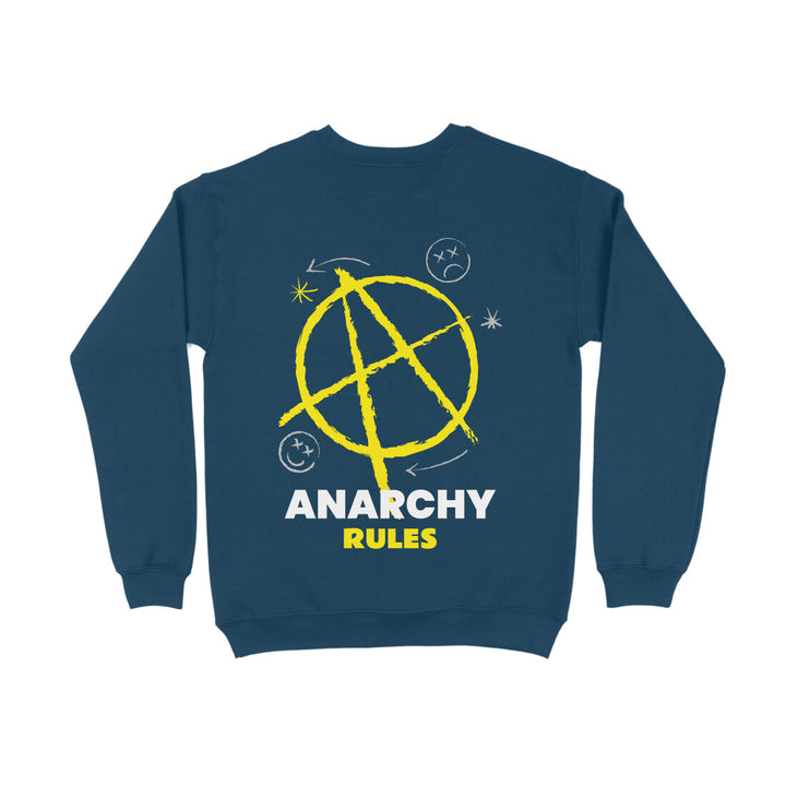 A navy blue sapienwear sweatshirt with the anarchy rules design on the back side.
