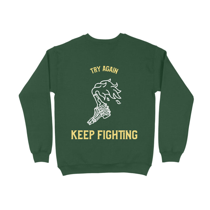 An olive green sapienwear women's sweatshirt with the keep fighting graphic on the back side.
