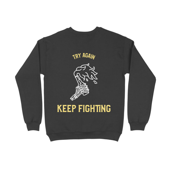 An black sapienwear women's sweatshirt with the keep fighting graphic on the back side.