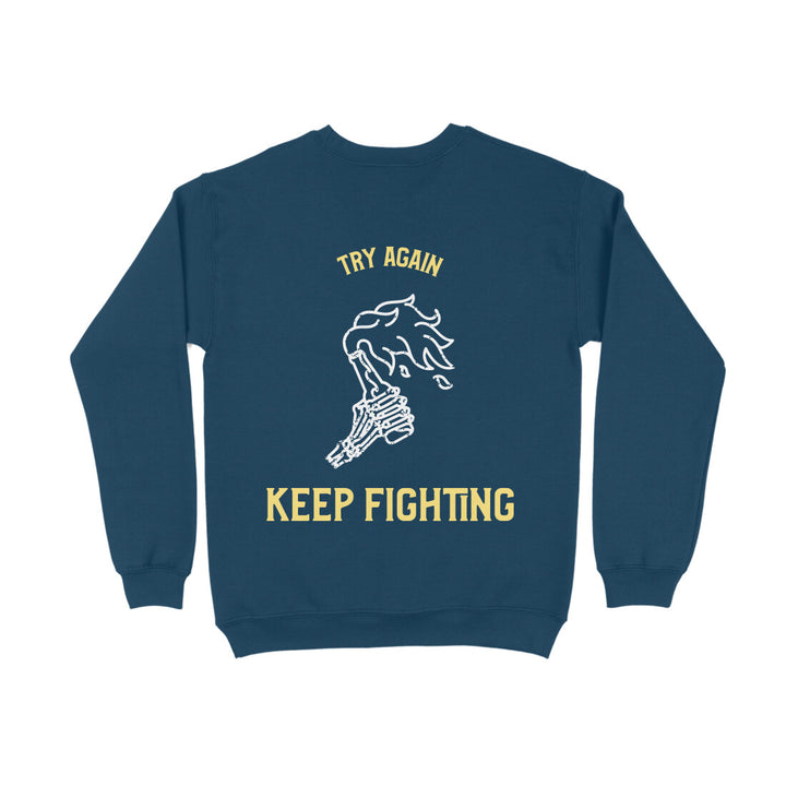 An navy blue sapienwear women's sweatshirt with the keep fighting graphic on the back side.
