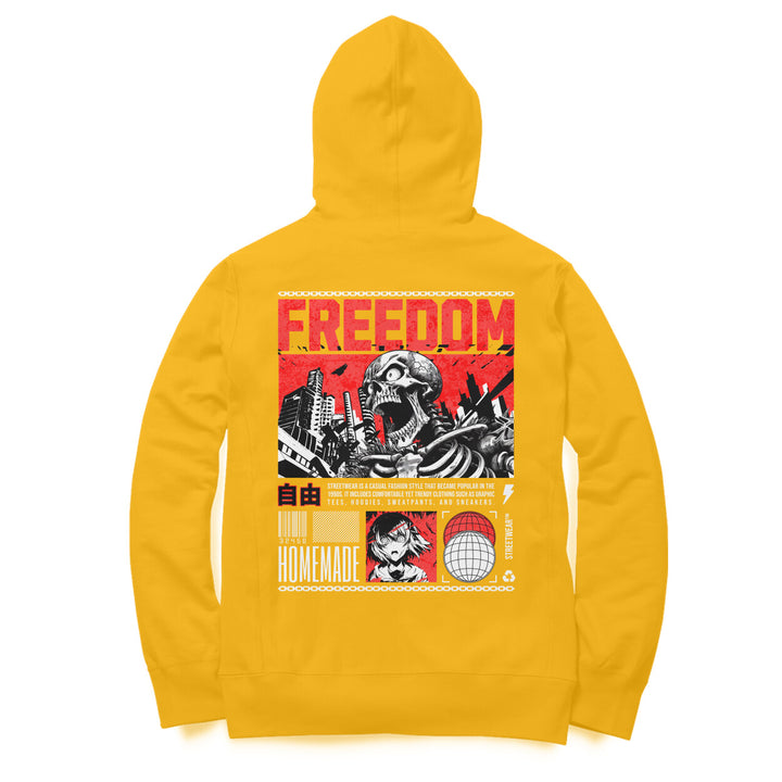 A golden yellow Sapienwear women's hoodie with the "Freedom" graphic on the back side.