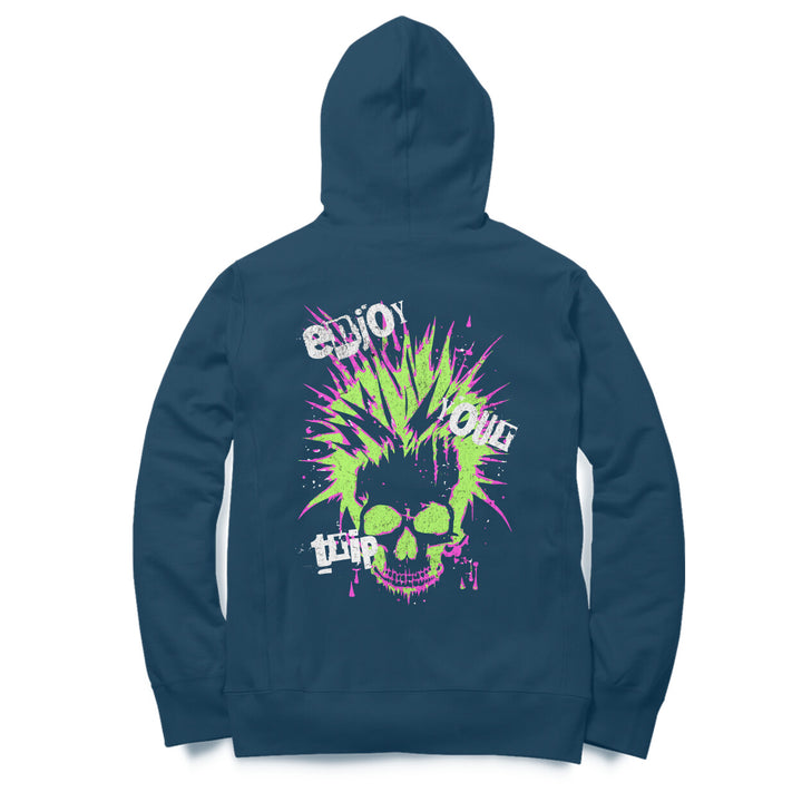 A navy blue sapienwear women's sweatshirt with the "enjoy your trip" graphic on the back side