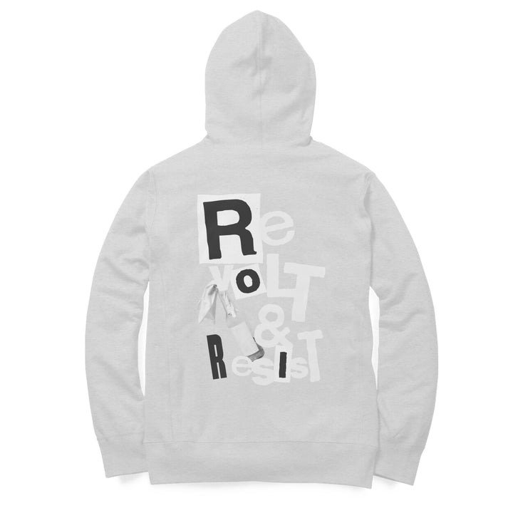 A melange grey sapienwear women's hoodie with the "revolt and resist" graphic on the back side