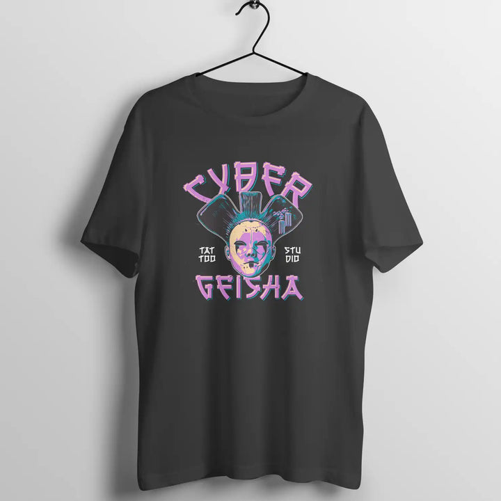  A black sapienwear men's t-shirt with the "cyber geisha" graphic on the front side