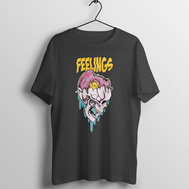 A black Sapienwear men's t-shirt with the "feelings" graphic on the front side