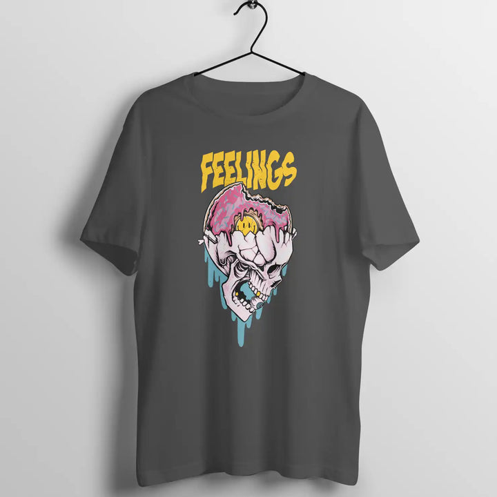 A charcoal grey Sapienwear men's t-shirt with the "feelings" graphic on the front side