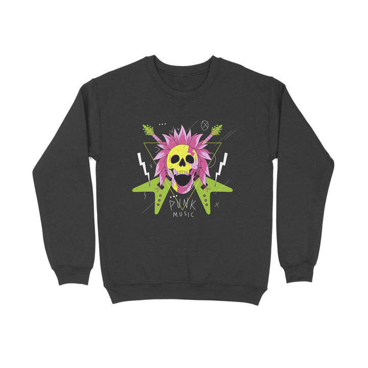 A black sapienwear sweatshirt with the punk music design on the front side.