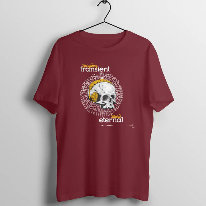 A maroon Sapienwear men's t-shirt with the "music eternal" graphic on the front side