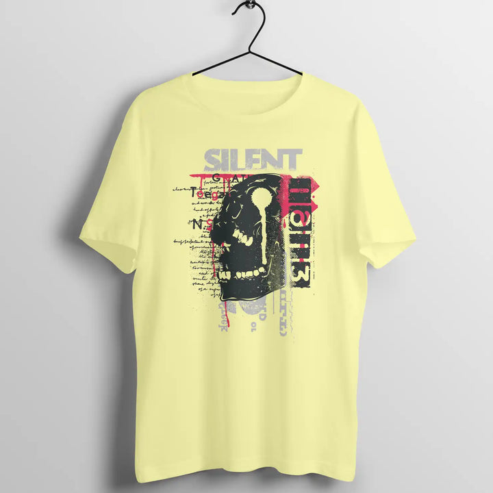A butter yellow sapienwear men's tshirt with the "screaming skull" graphic on the front