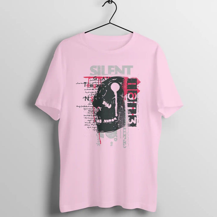 A light pink sapienwear men's tshirt with the "screaming skull" graphic on the front