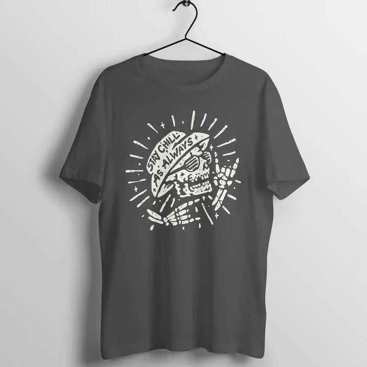 A charcoal grey sapienwear men's tshirt with the "stay chill always" graphic on the front side
