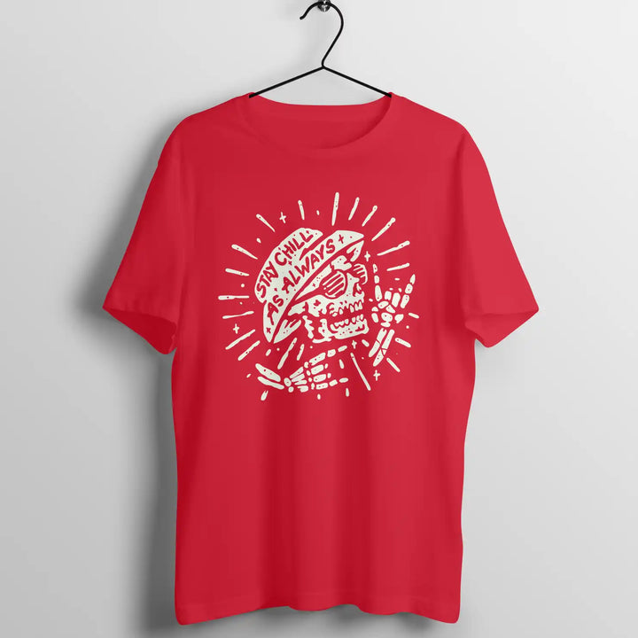 A red sapienwear men's tshirt with the "stay chill always" graphic on the front side
