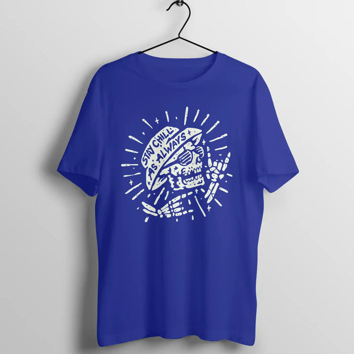 A royal blue sapienwear men's tshirt with the "stay chill always" graphic on the front side
