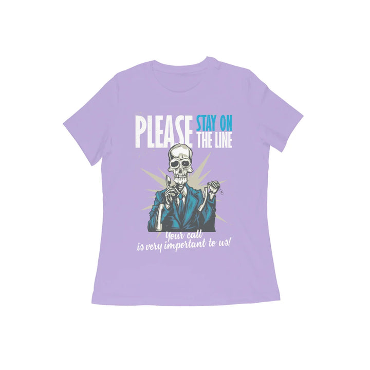 a iris lavender sapienwear women's t-shirt with the "your call is very important to us" graphic on the front